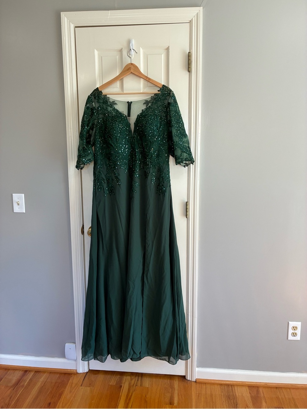 JJs House Dark Green Beaded Long Sleeve Evening Dress